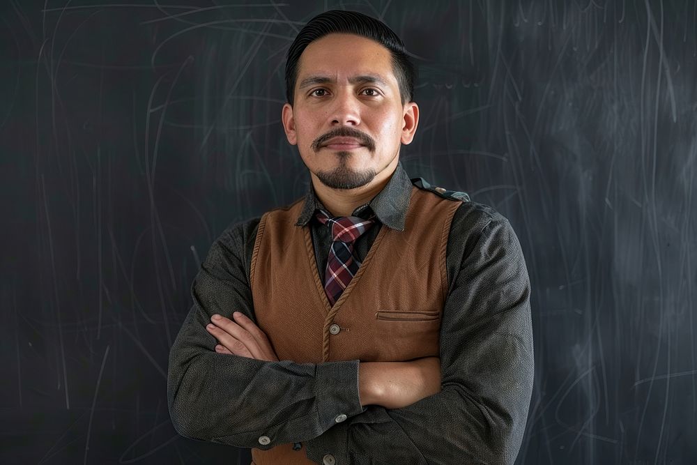 Latin man teacher cross arm against black board portrait adult photo.