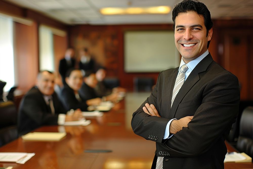 Latin man stand and smile against business people meeting in meeting room adult businesswear cooperation.