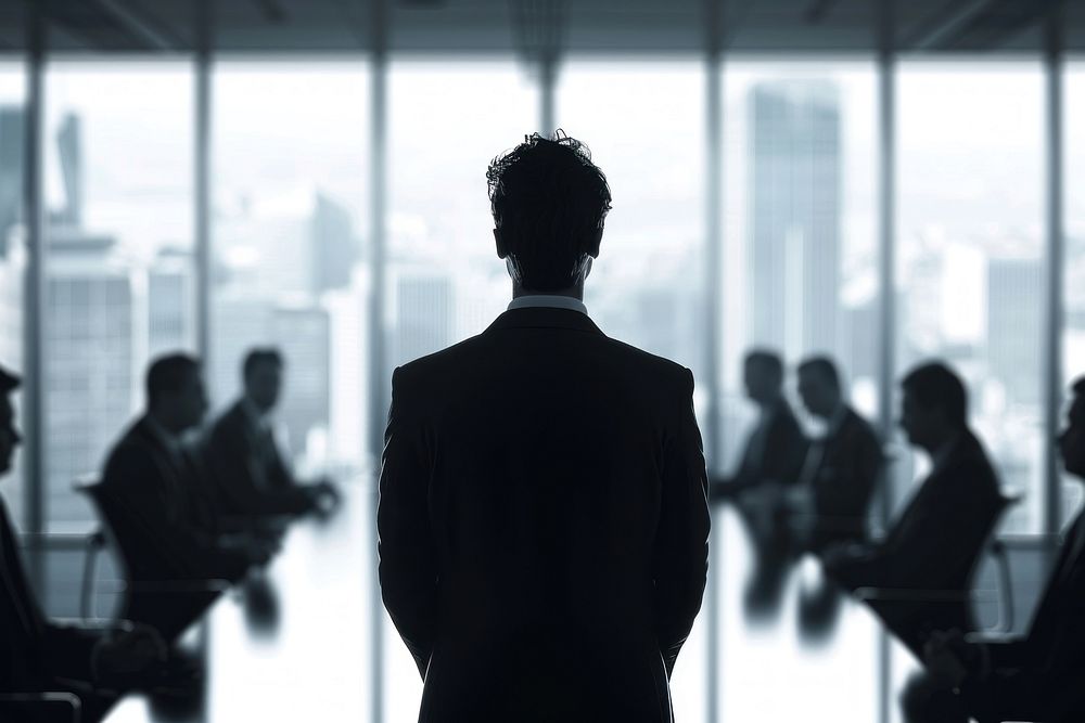 White man stand and smile against business people meeting in meeting room silhouette adult contemplation.