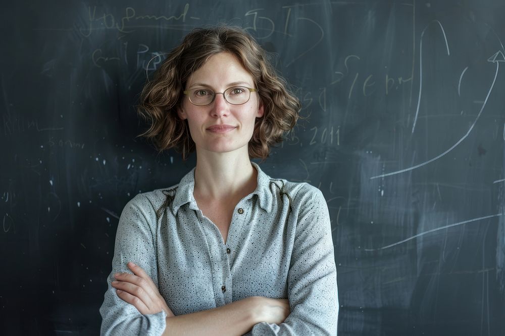 White woman teacher cross arm against black board blackboard glasses contemplation.