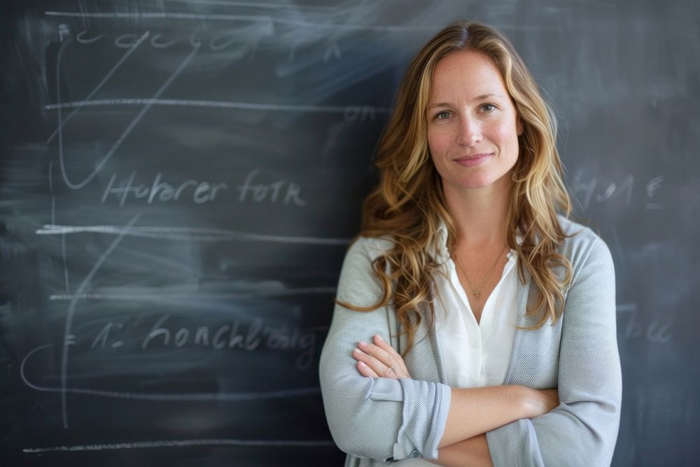 White woman teacher cross arm against black board blackboard adult intelligence.