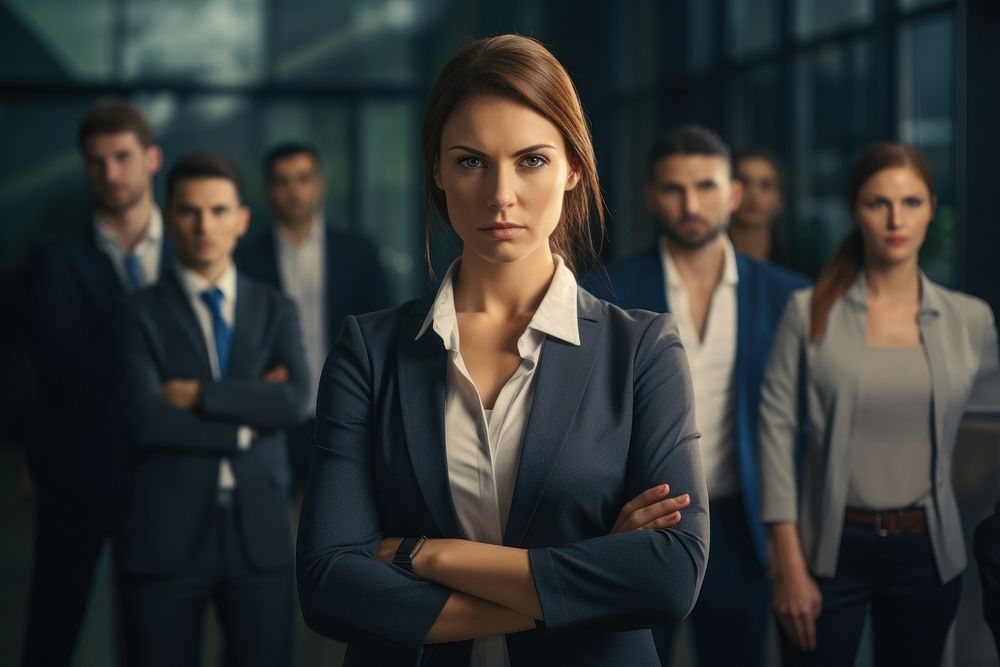 Woman cross arm against business people people adult contemplation togetherness.