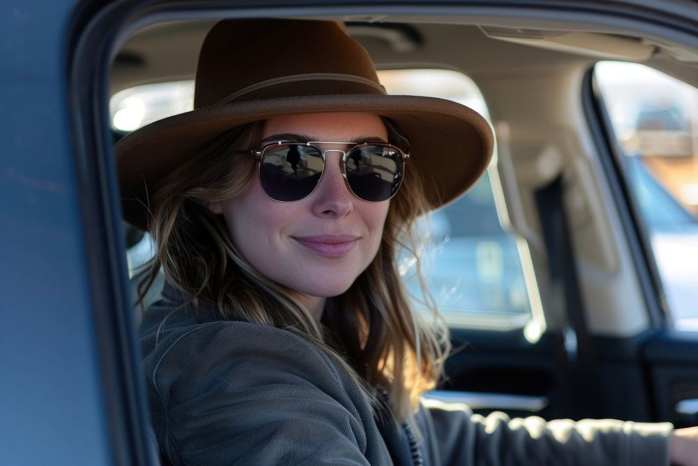 Woman driving sunglasses car happiness.