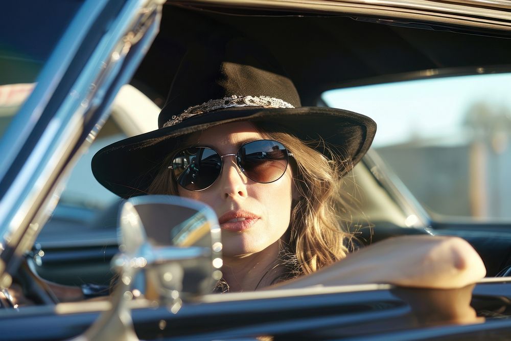 Woman driving sunglasses car portrait.
