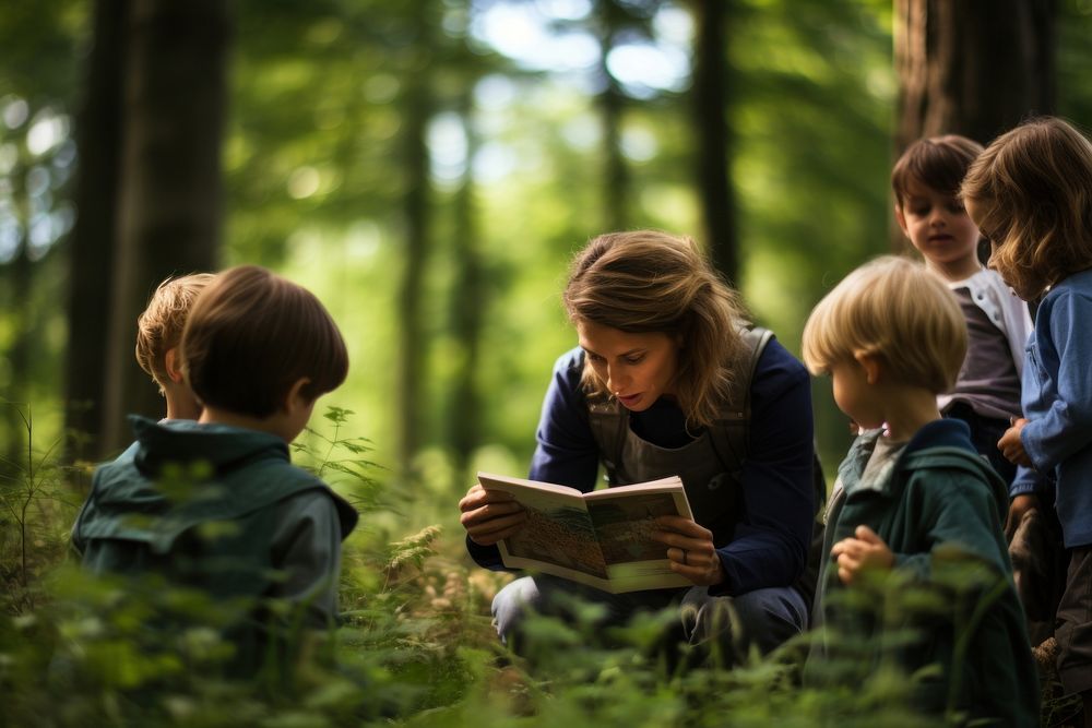 Children with teacher publication reading nature.