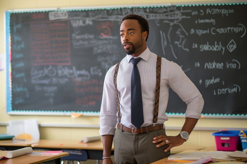 Blackman being teacher blackboard adult tie.