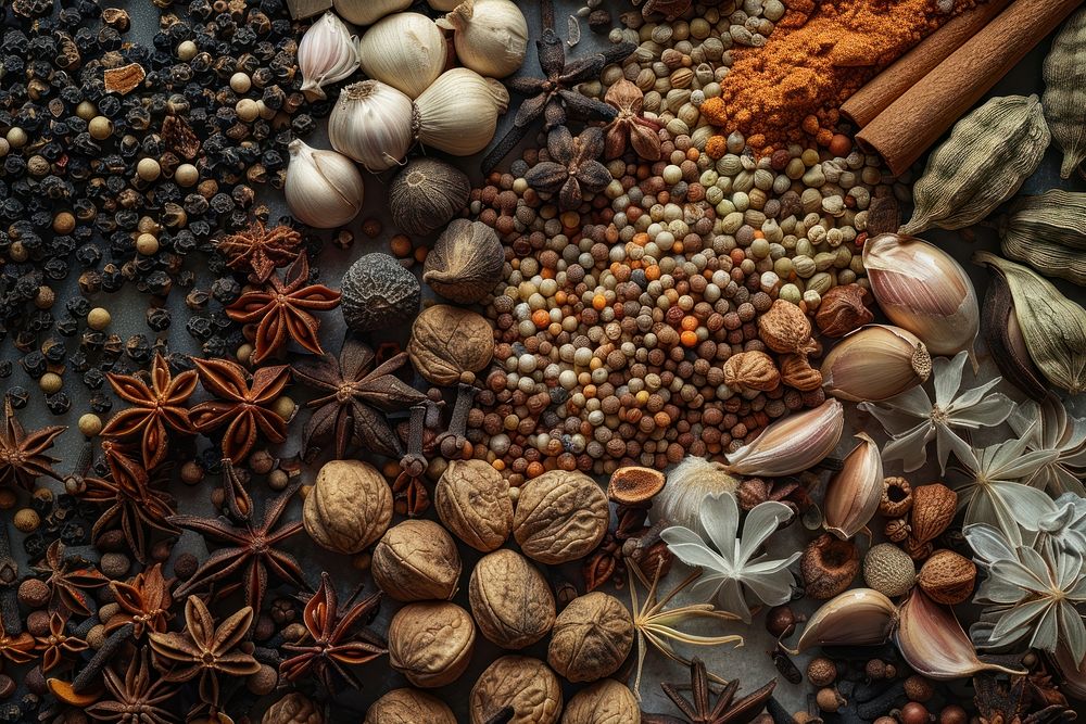 Photography of a realistic of spices and herbs backgrounds food ingredient.