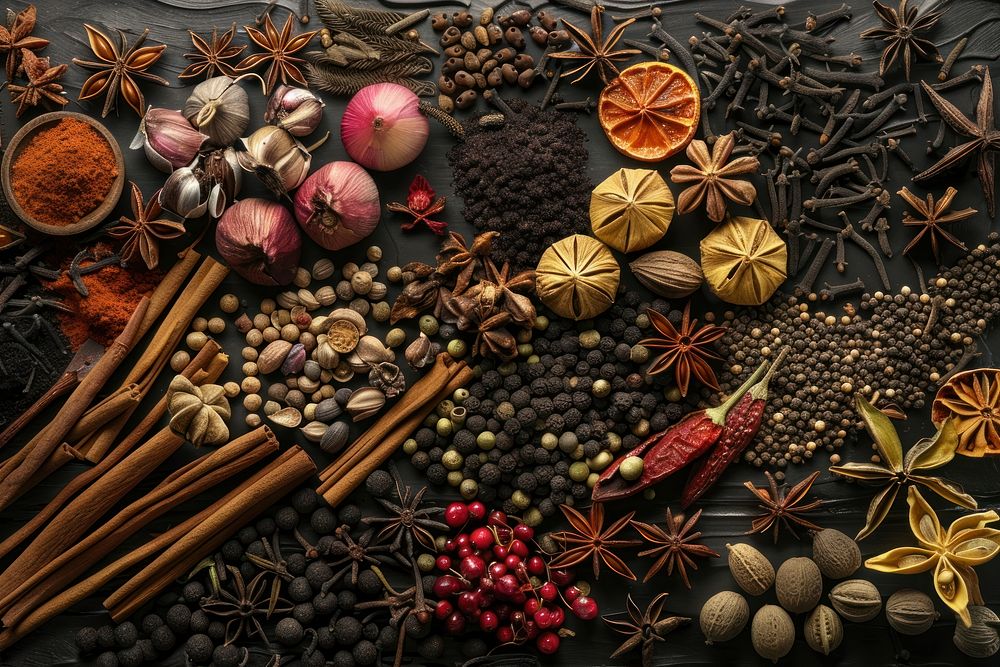 Photography of a realistic of spices food arrangement ingredient.