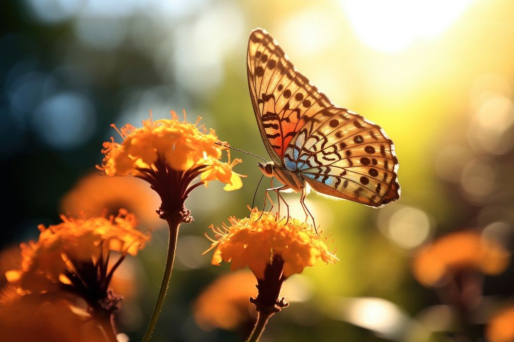 Butterfly sitting on a flower sunlight outdoors animal.