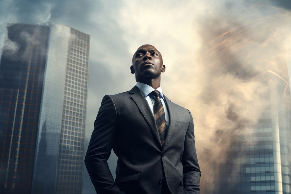 African businessman against a backdrop of skyscrapers architecture building portrait.