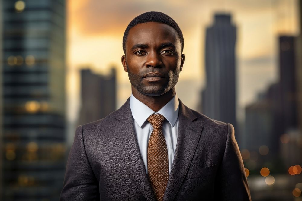 African businessman against a backdrop of skyscrapers portrait adult photo.