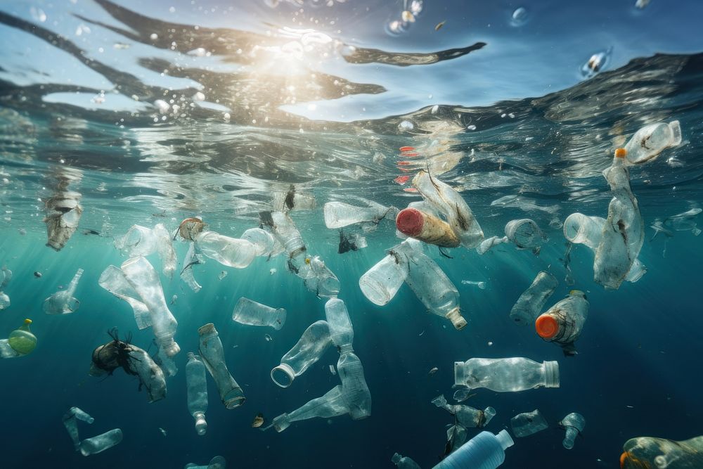 Plastic wastes floating in the open ocean underwater pollution swimming.