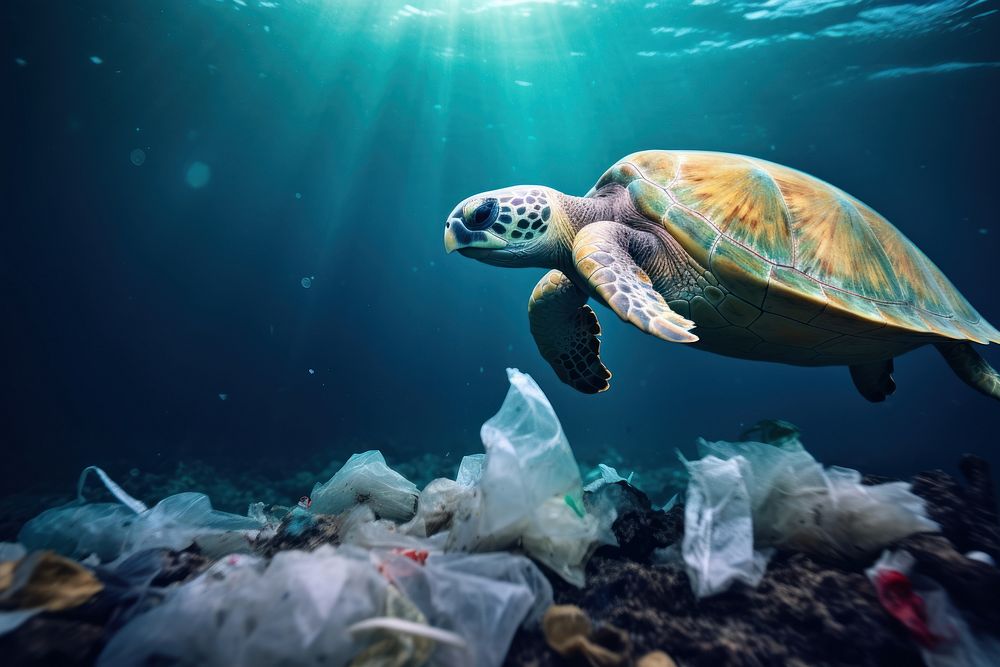 Turtle eating plastic bags underwater pollution outdoors.