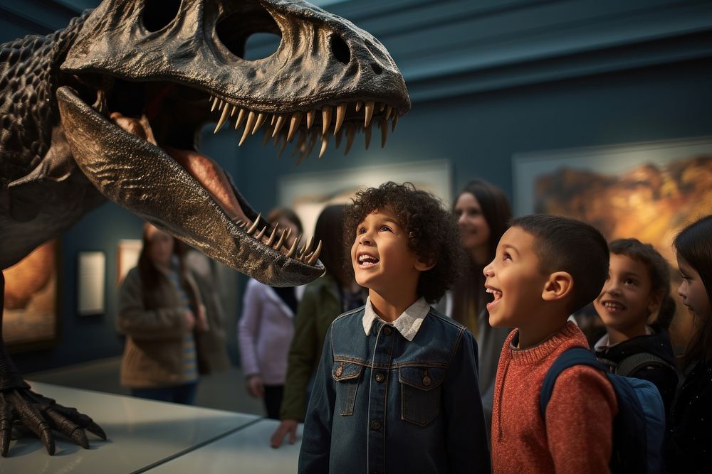 Children with teachers dinosaur animal museum.