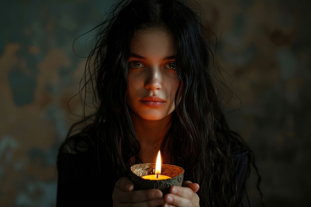 Candle in hands spirituality portrait face.