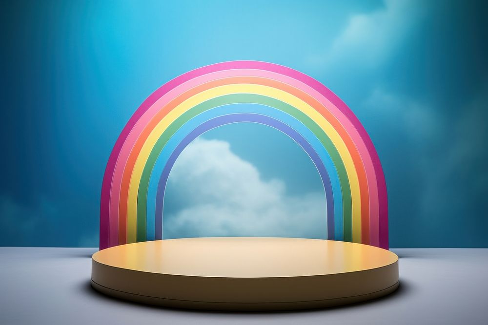 Product podium with rainbow nature sky architecture.