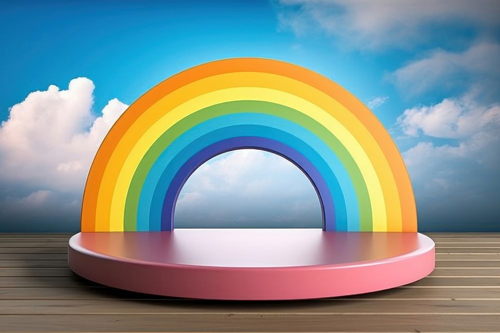 Product podium with rainbow nature sky architecture.