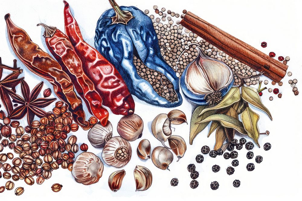 Realistic ballpoint pen drawing vintage drawing spices food ingredient vegetable.