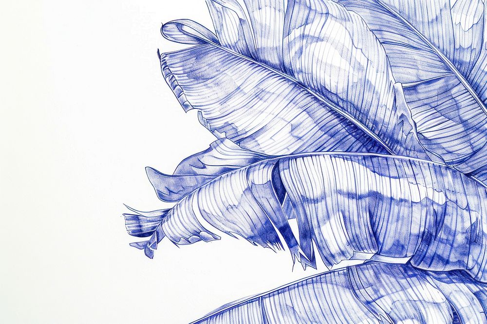 Realistic ballpoint pen drawing vintage drawing banana leaf sketch blue art.
