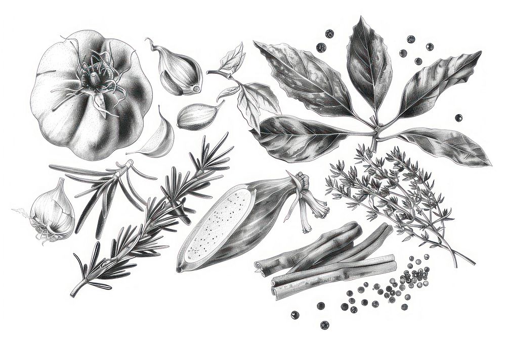 Realistic pencil vintage drawing as a border graphic spices and herbs sketch plant illustrated.
