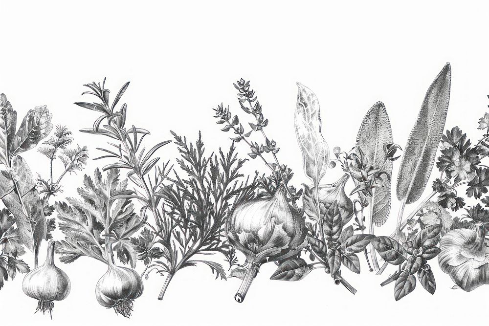 Realistic pencil vintage drawing as a border graphic spices and herbs sketch plant illustrated.