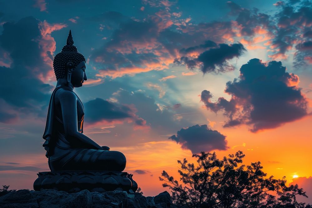 Buddha silhouette sunset statue.