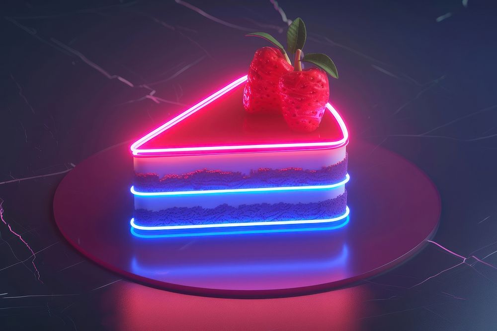 Simple 3d render of cake line icon neon light dessert food illuminated.