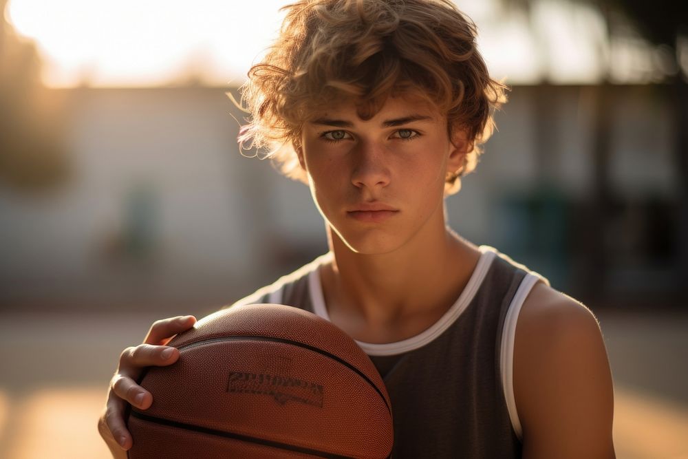 Athlete holding basketball portrait sports photography.