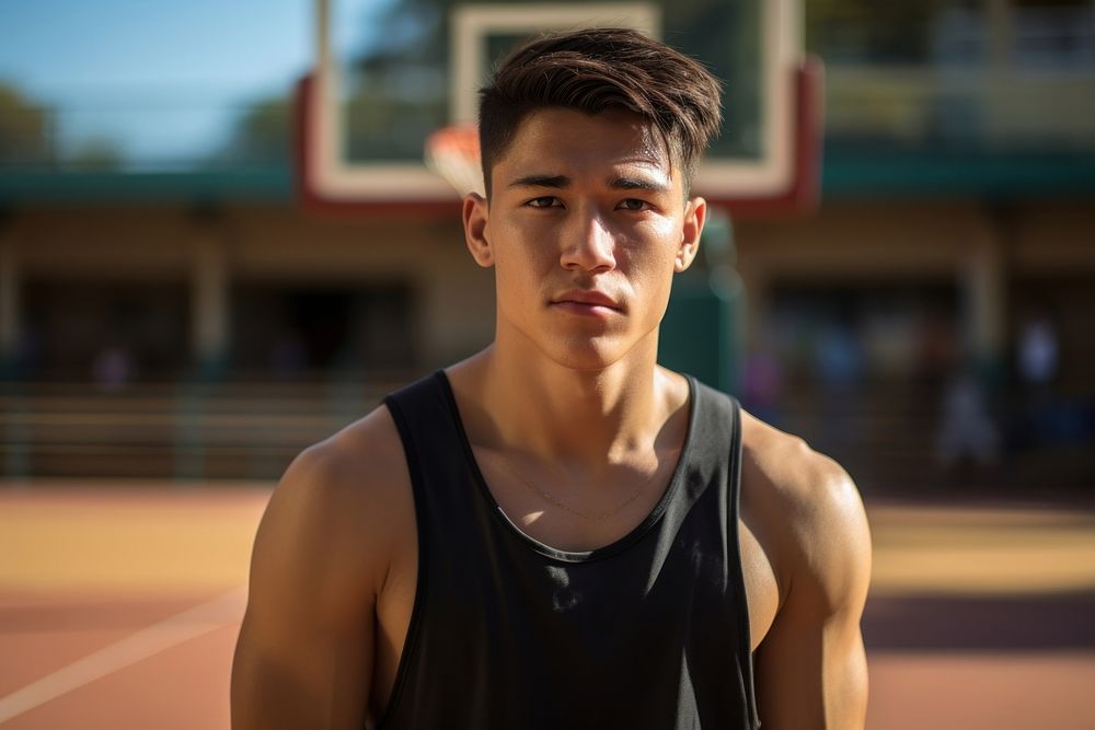 Athlete holding basketball portrait outdoors athlete.