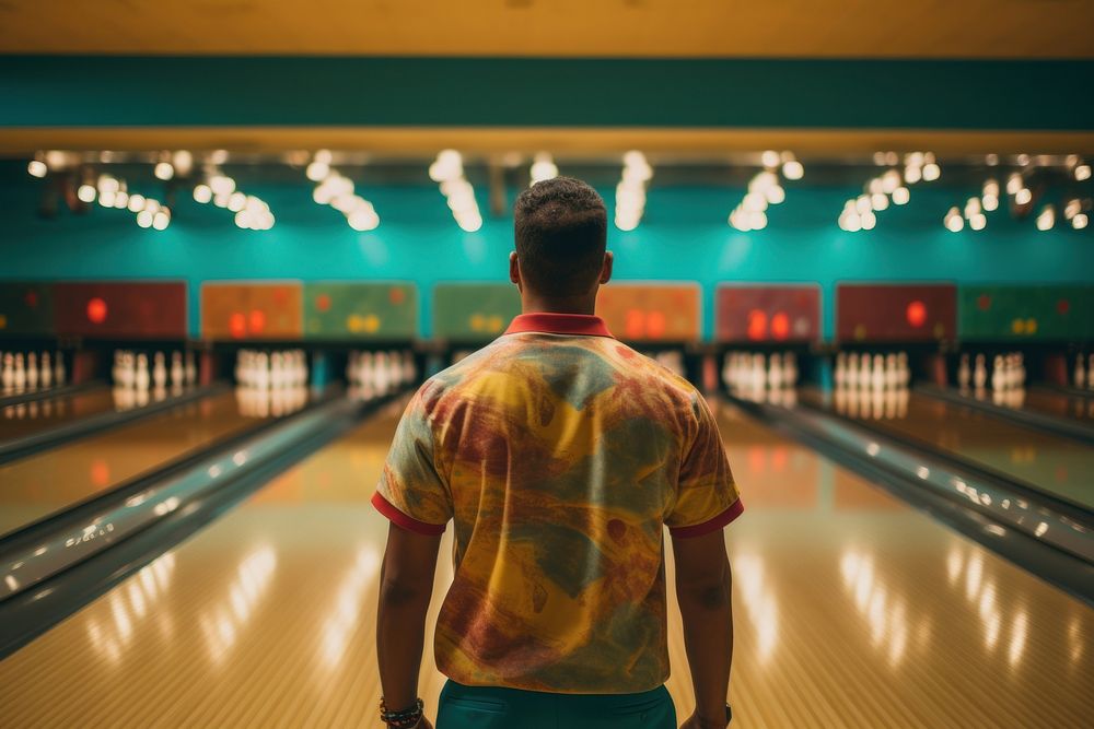 Man playing bowling recreation adult back.