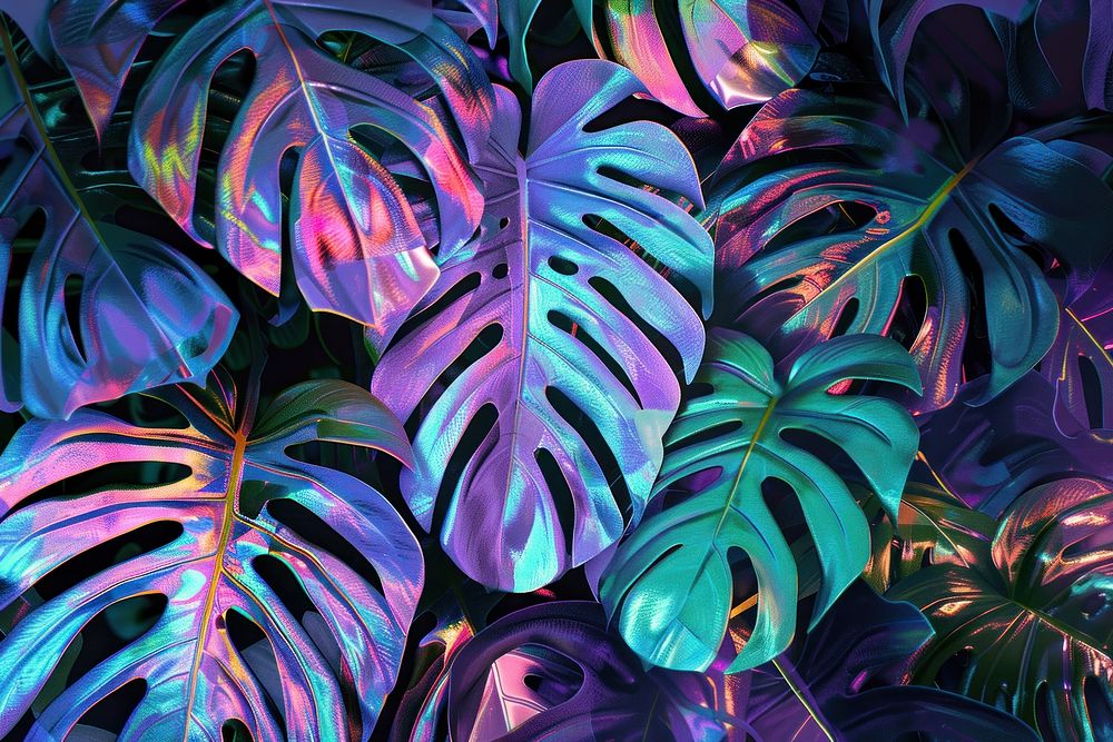 Tropical leaves in the style of aesthetic neon art nouveau outdoors tropics purple.