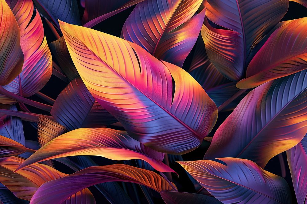 Tropical leaves in the style of aesthetic neon art nouveau pattern purple plant.