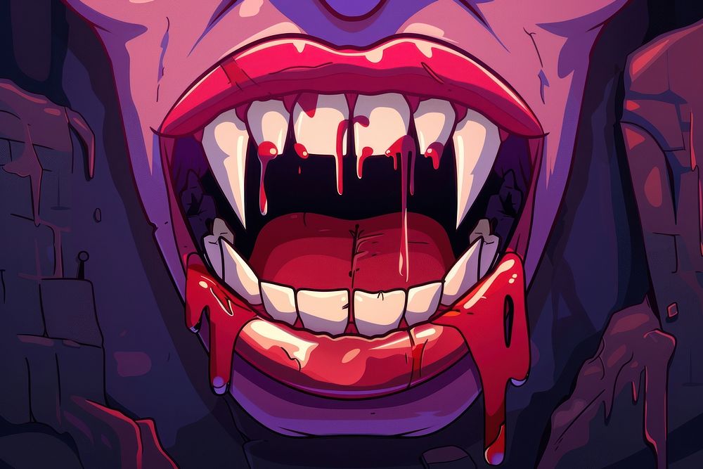 Vampire mouth with fangs cartoon teeth red.