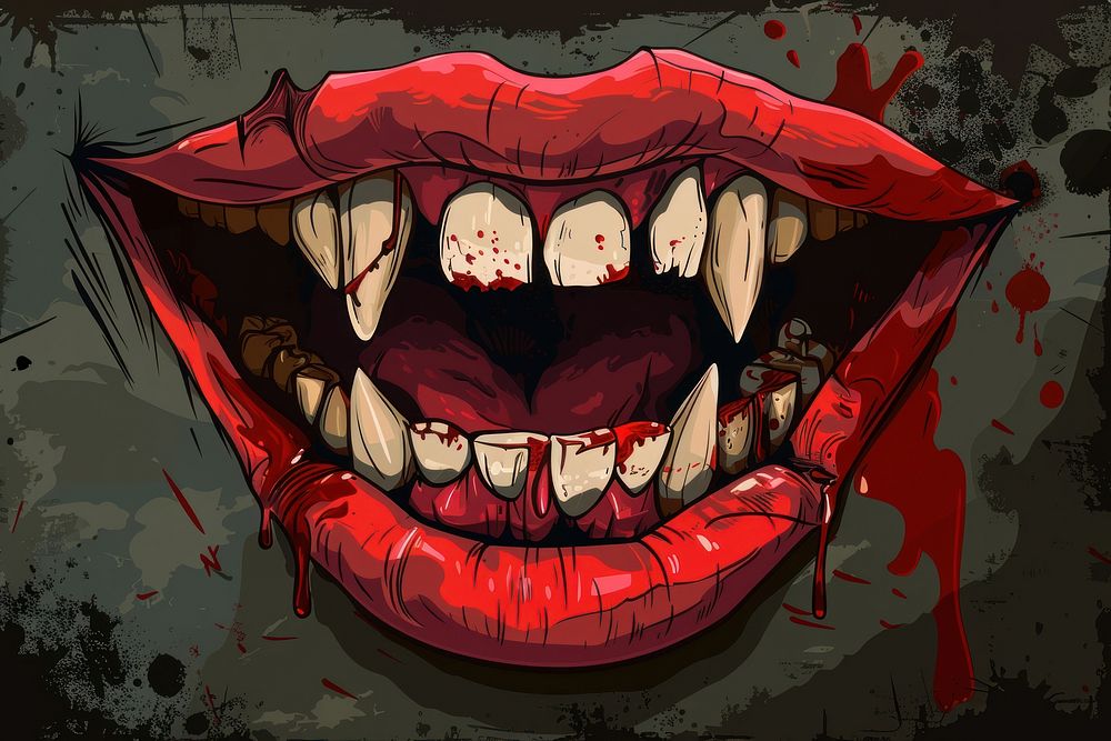 Vampire mouth with fangs teeth cartoon blood.