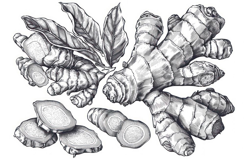 Vector hand drawn Ginger Root and ginger pieces drawing sketch plant.