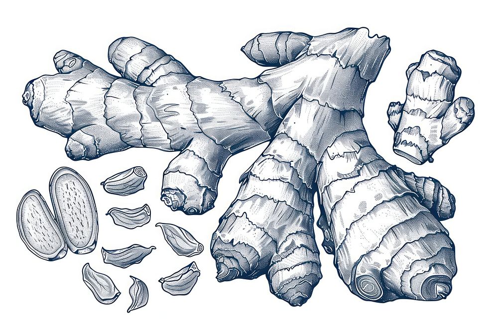 Vector hand drawn Ginger Root and ginger pieces spice food ingredient.