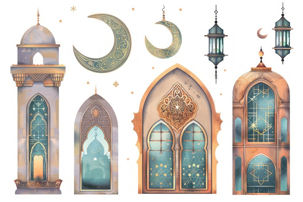 Oriental style Islamic windows and arches architecture building mosque.