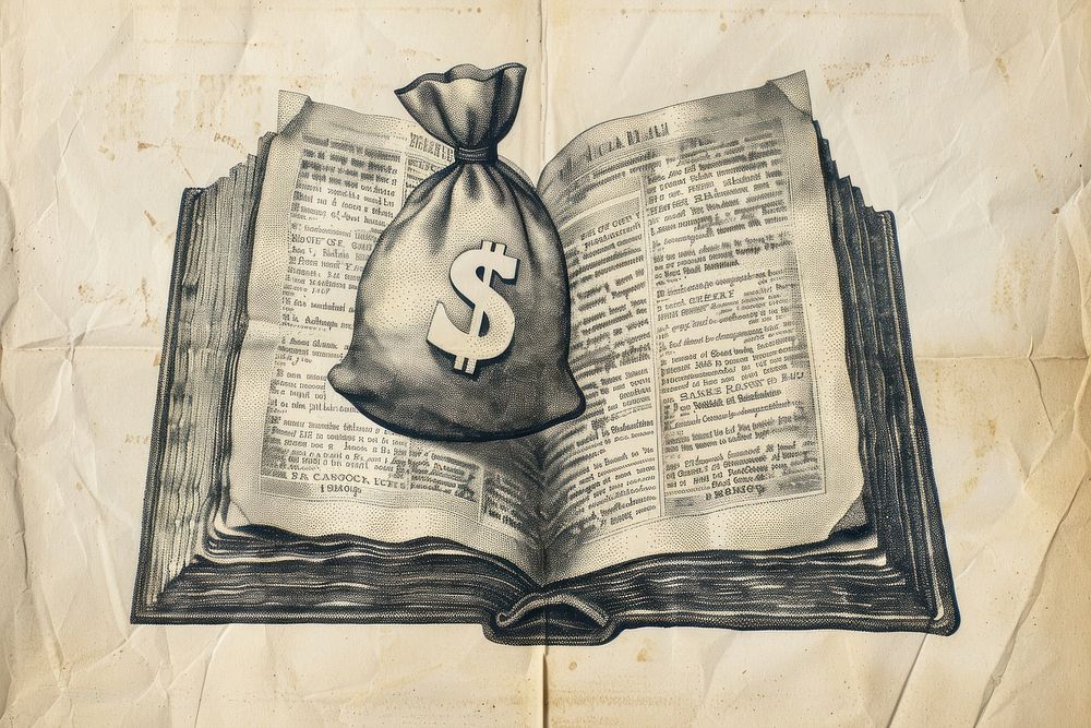 Vintage illustration of open book publication paper money.