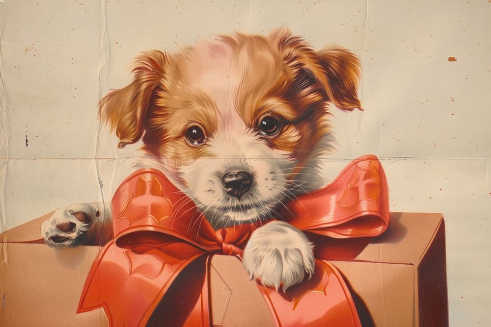 Vintage illustration with puppy mammal animal ribbon.