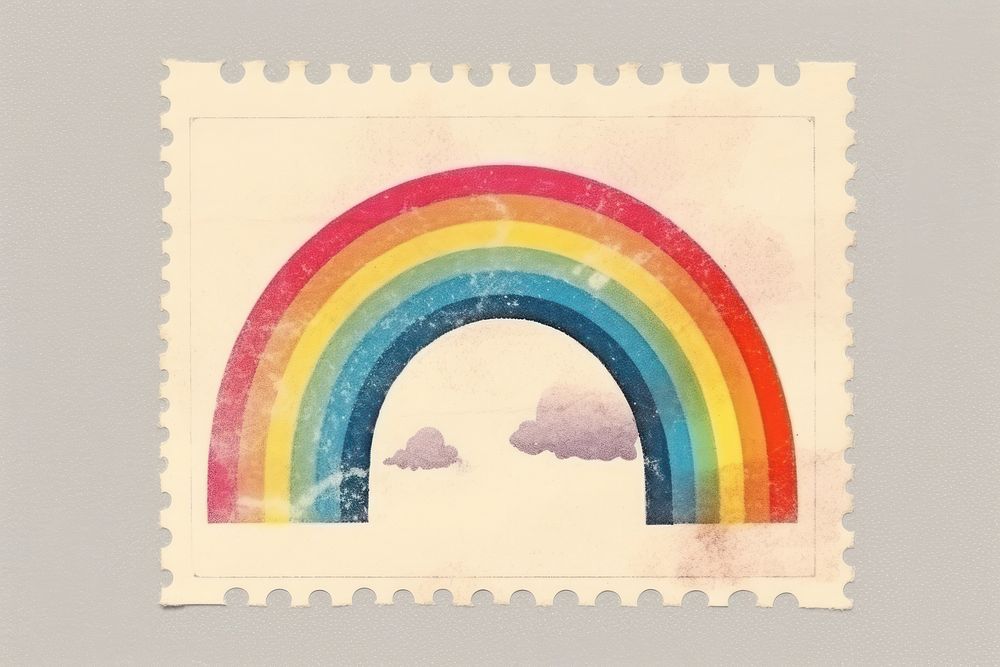 Vintage postage stamp with rainbow creativity pattern circle.