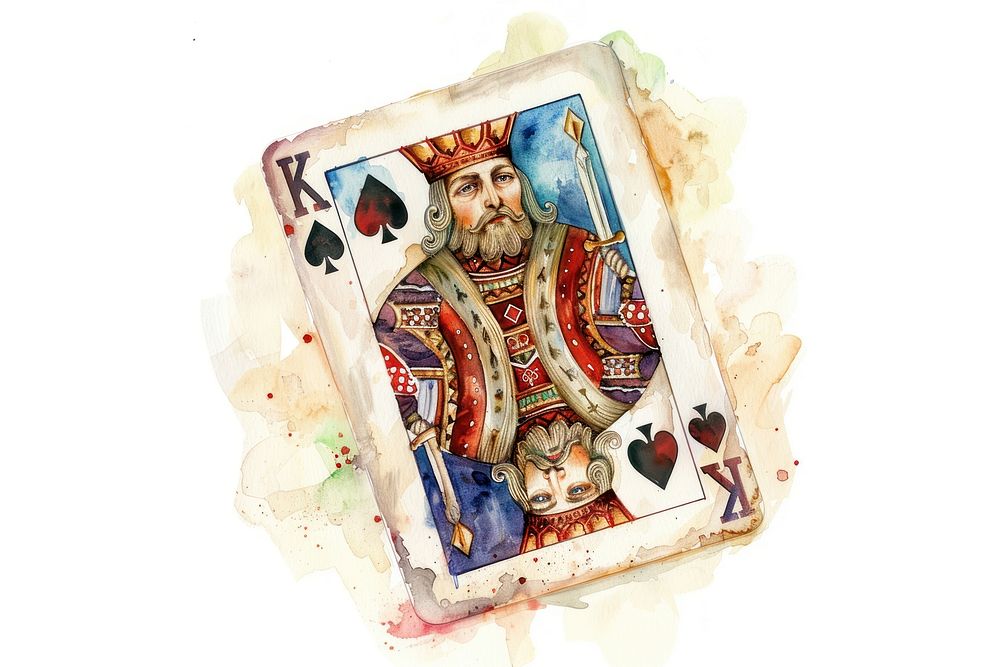 Watercolor illustration of King of deck representation accessories creativity.