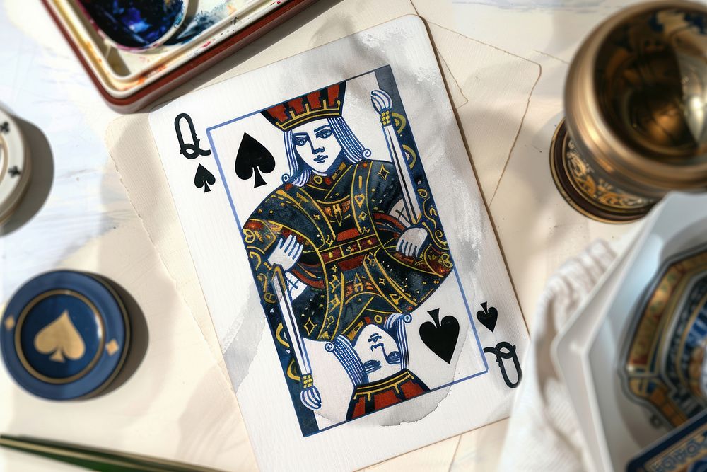 Watercolor illustration of Queen of deck cards game recreation.