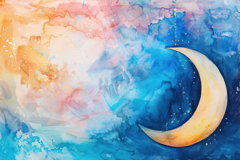 Watercolor illustration of the ramadan moon astronomy painting outdoors.