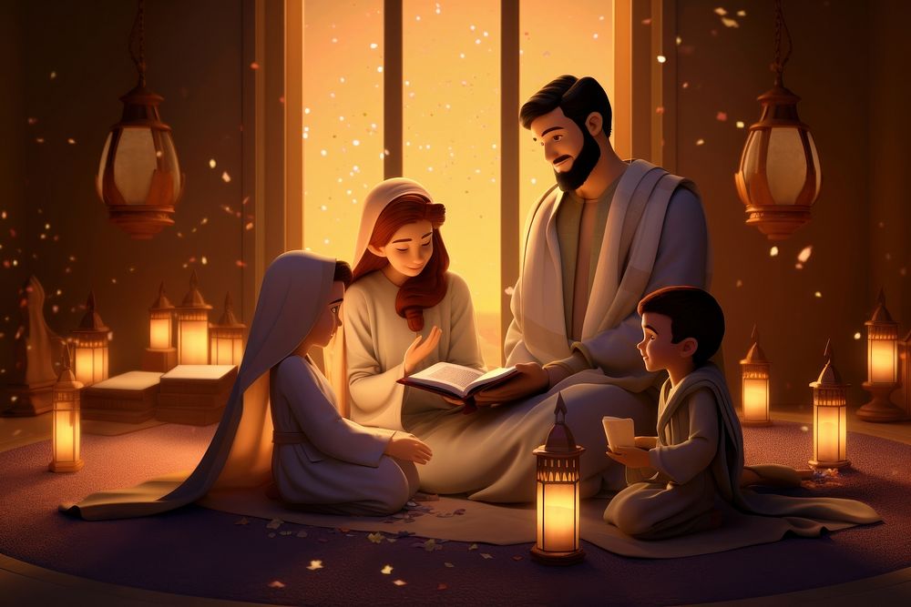 Ramadan muslim family lighting cartoon adult.