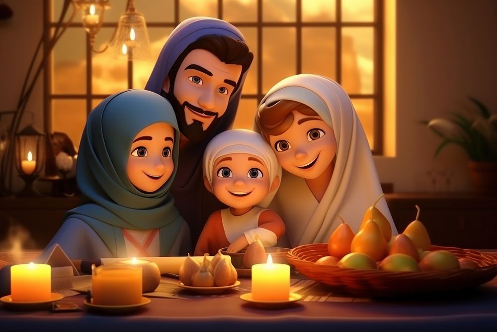 3d render cartoon style of ramadan muslim family candle adult food.