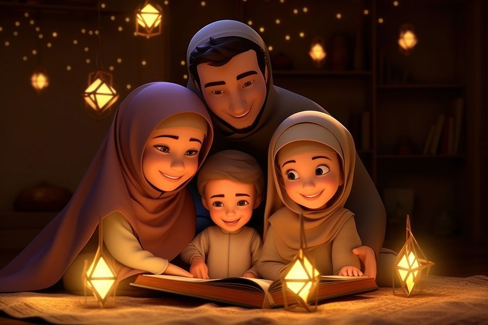 3d render cartoon style of ramadan muslim family light adult togetherness.