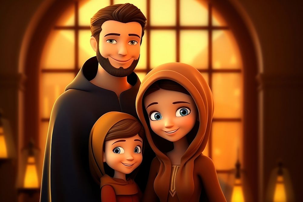3d render cartoon style of ramadan muslim family togetherness architecture happiness.