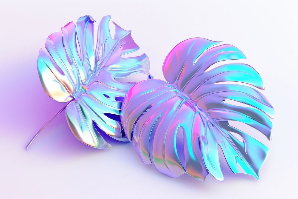 3d render of tropical leave holographic glass color graphics purple petal.
