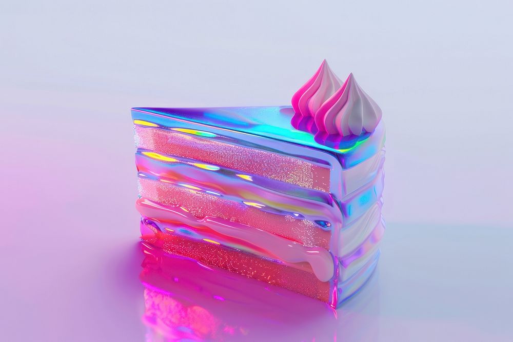 3d render of cake holographic glass color glowing dessert purple.