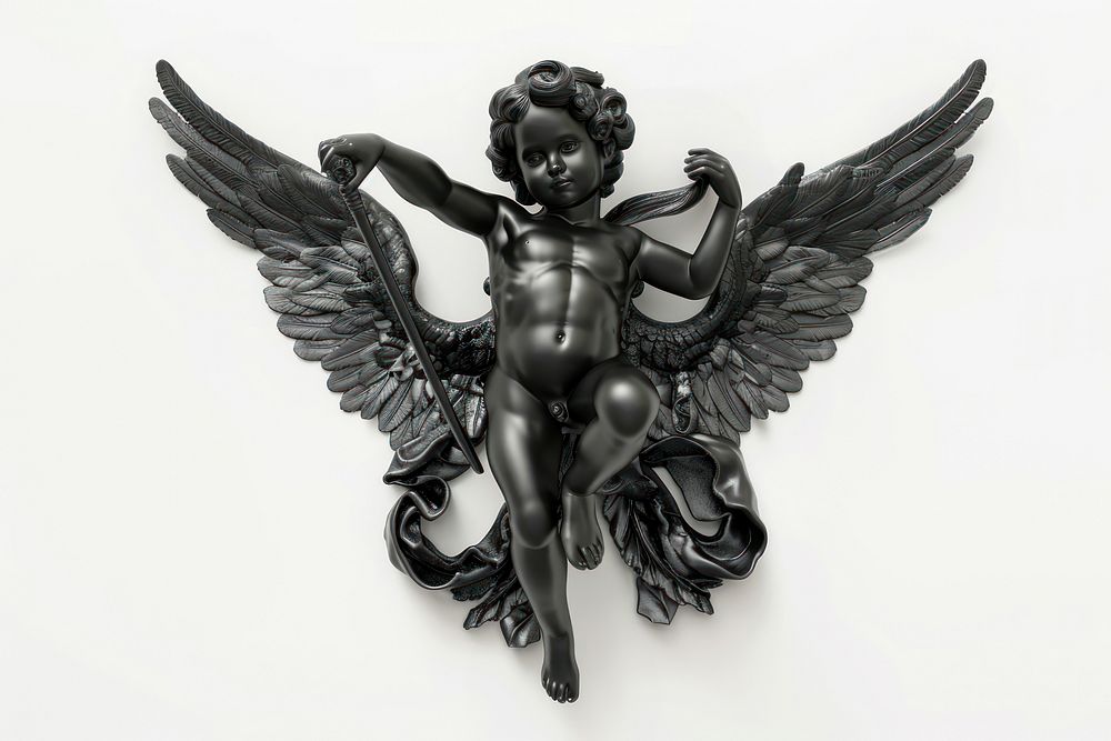 3d render of cupid matte black material angel white background representation.